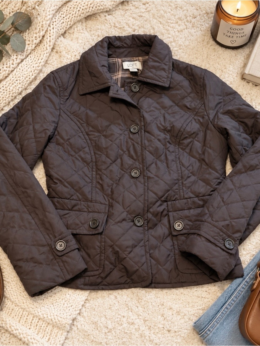 LOFT Quilted Brown Button-Front Puffer Jacket
